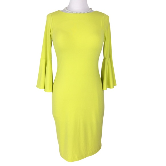 Calvin Klein Yellow Sheath Peplum Bell 3/4 Sleeve Midi Dress size 2 - Picture 7 of 11